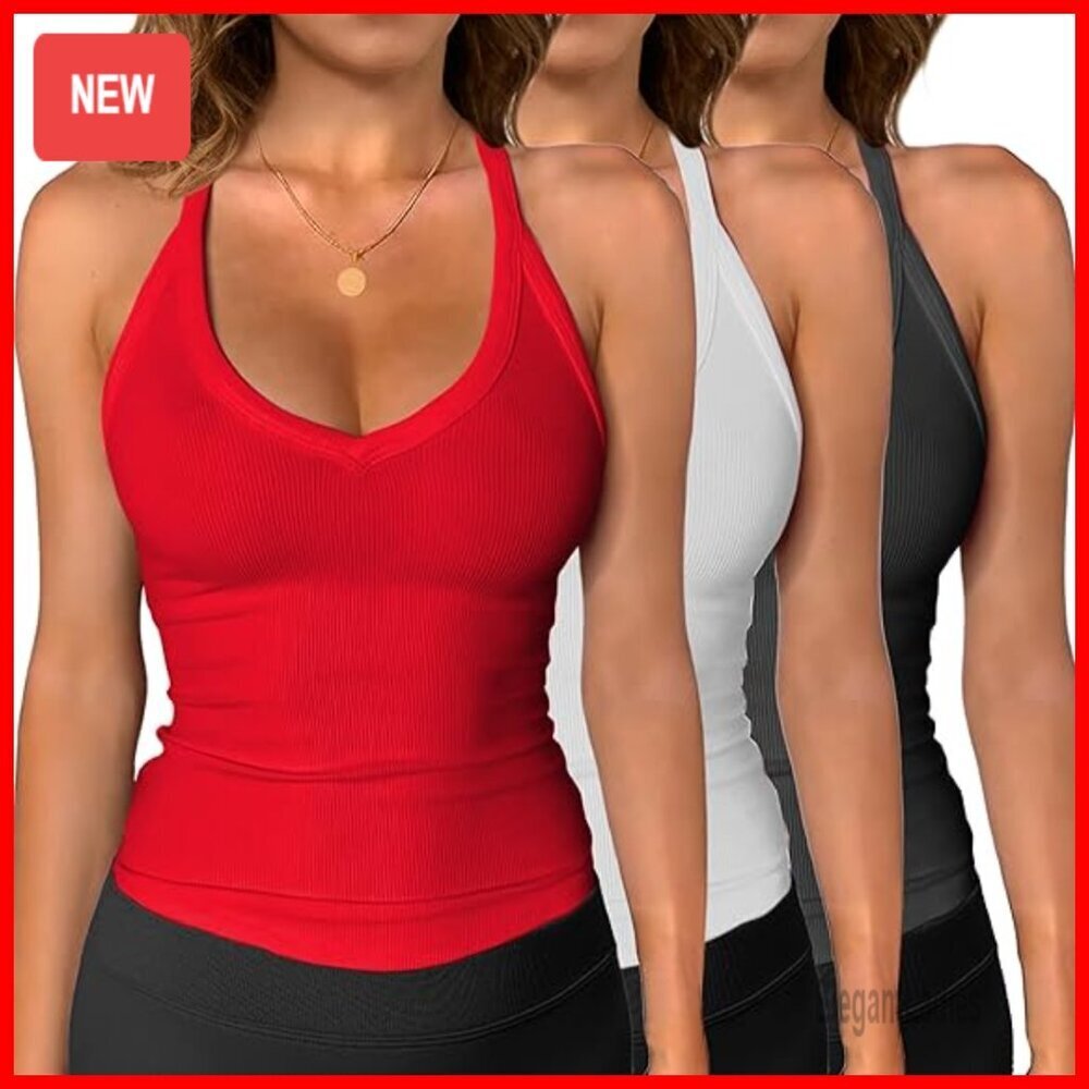 3 Pack Ribbed Racerback Tank Tops Slim Fit V Neck Workout Summer